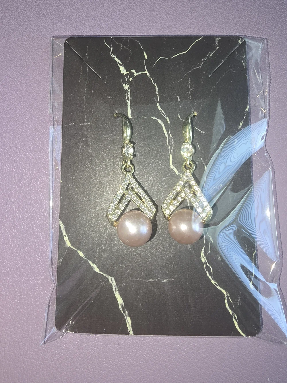Gold-Tone Drop Earrings with Pink Pearl and Crystal Chevron Accent